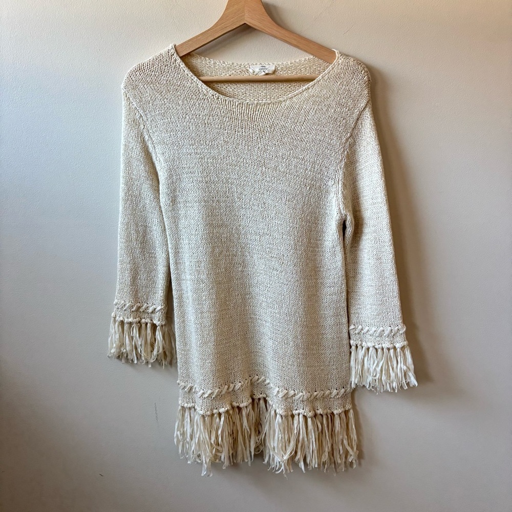 Entro Anthropologie Fringe Cream Knit Boho Sweater